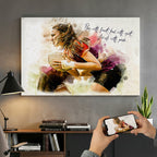 Custom female rugby player watercolour portrait — personalised sports wall art canvas with motivational quote on a large statement-piece print.