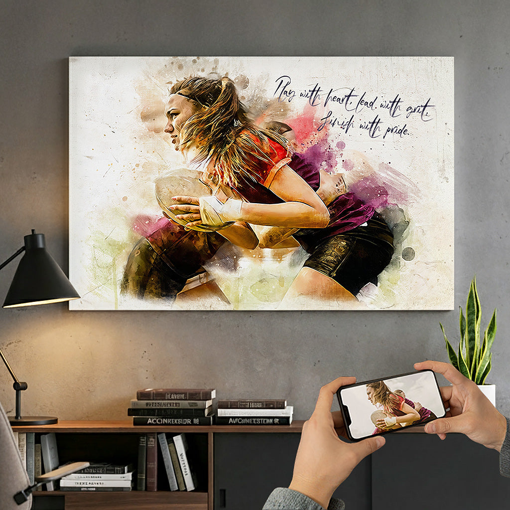 Custom female rugby player watercolour portrait — personalised sports wall art canvas with motivational quote on a large statement-piece print.