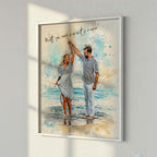 Custom beach vacation portrait by Ausome Love Studio featuring a watercolor effect printed on wall art, showing a couple dancing on the shore in a white frame.