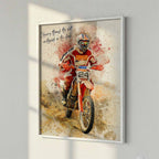 Custom motorcycle portrait on fine art paper in white wood frame — personalised motocross dirt bike watercolour wall art, made from your photo.