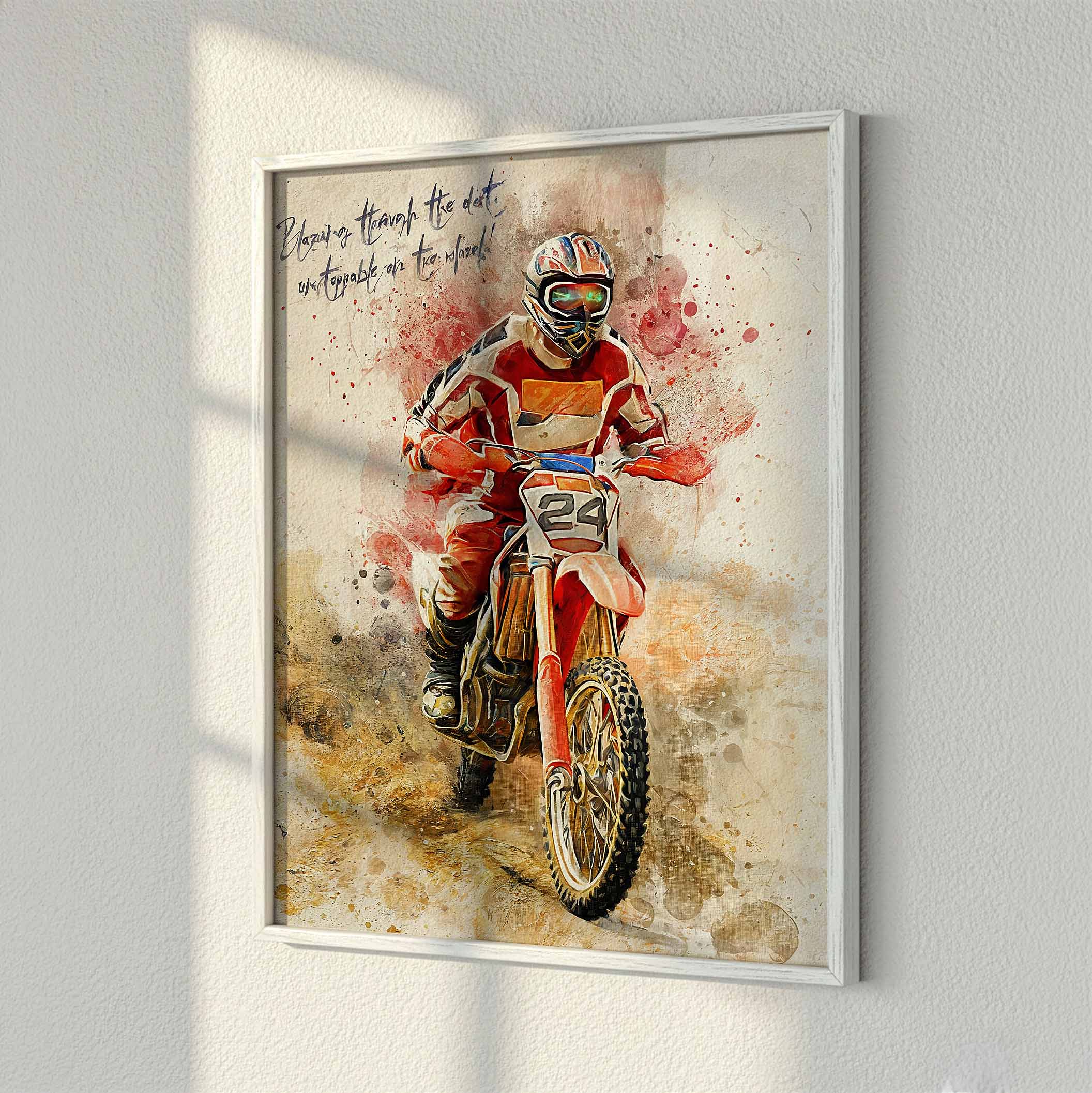 Custom motorcycle portrait on fine art paper in white wood frame — personalised motocross dirt bike watercolour wall art, made from your photo.