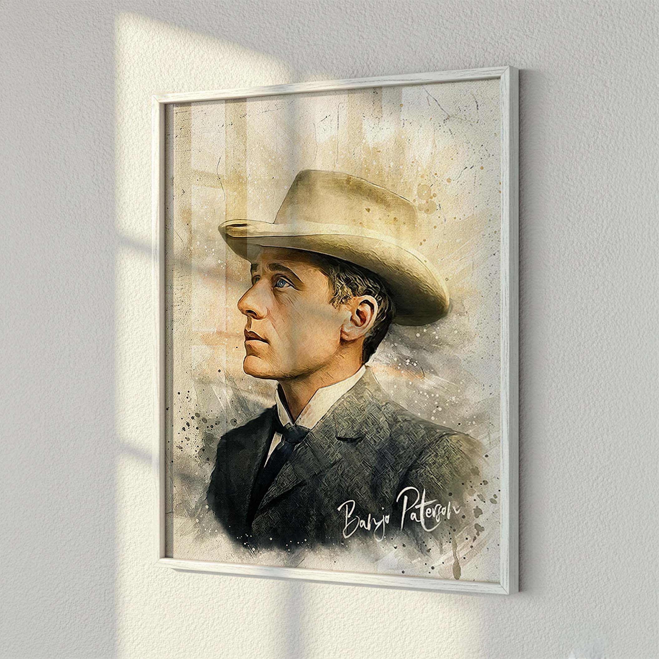 Custom photo restoration portrait of Banjo Paterson, digitally crafted and printed as a fine art poster in a white timber frame, styled on a textured wall by Ausome Love Studio.