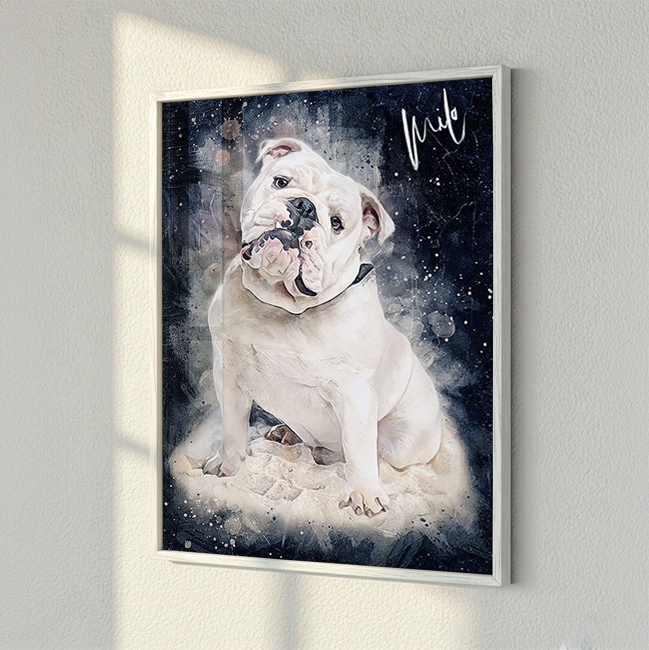 Custom Bulldog watercolour pet portrait on fine art paper in white wood frame — personalised dog wall art with natural light textures, made from your photo.