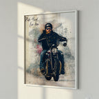 Custom Harley motorcycle watercolour fine art print in white wood frame — personalised biker wall art with natural light textures, made from your photo.