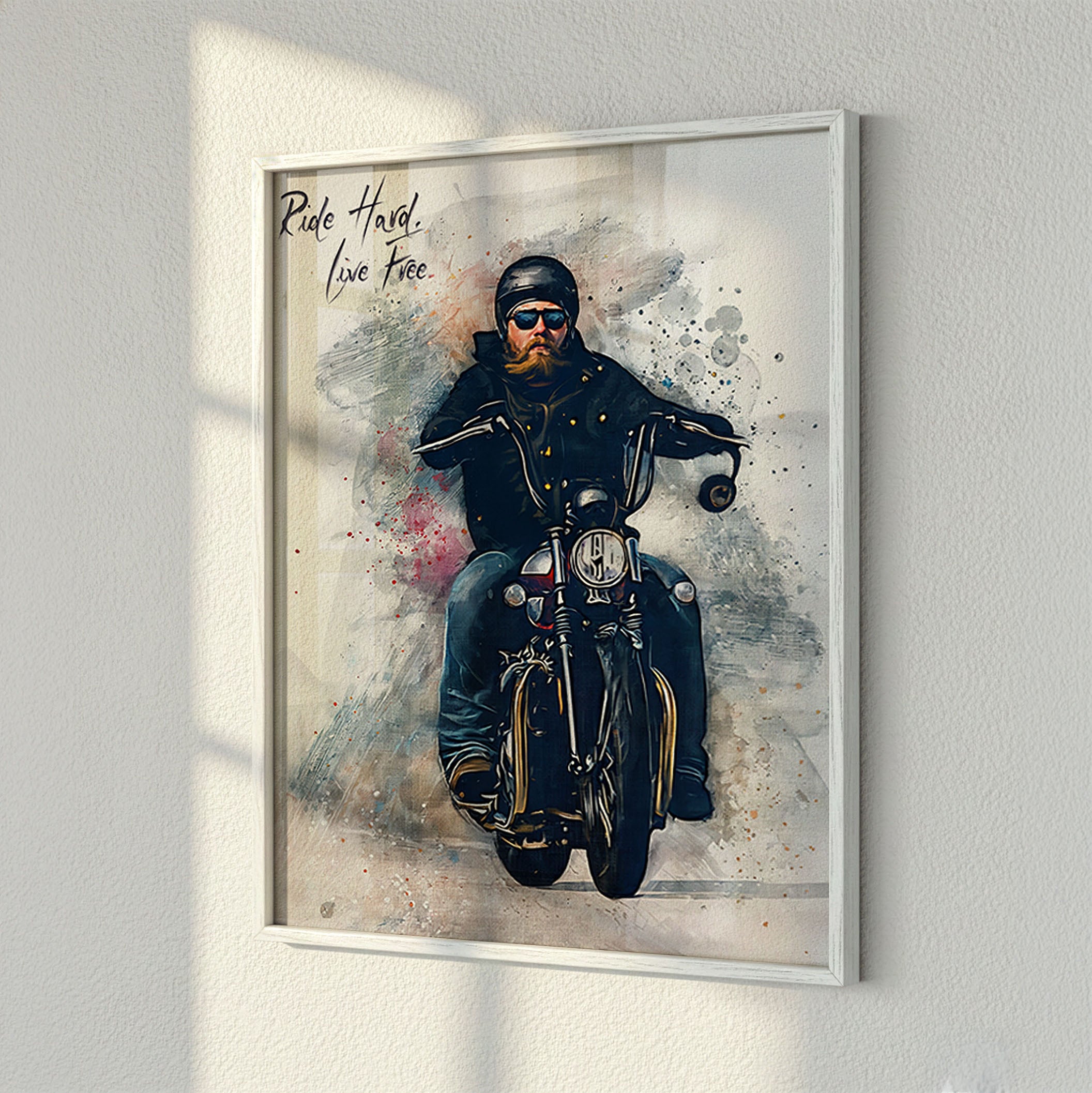 Custom Harley motorcycle watercolour fine art print in white wood frame — personalised biker wall art with natural light textures, made from your photo.
