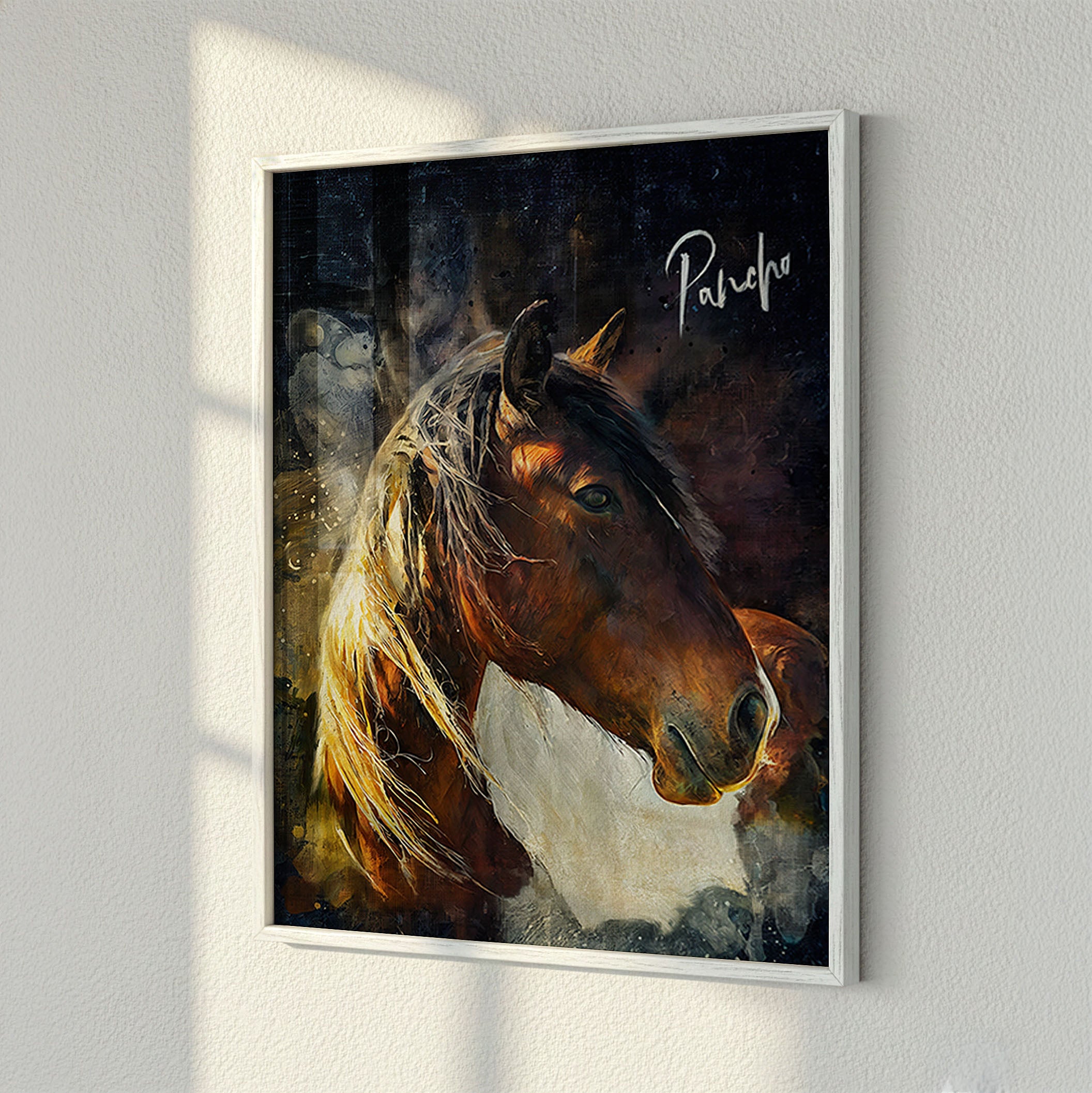 Custom watercolour horse portrait of Pancho printed as a fine art poster in a white timber frame, styled on a textured wall by Ausome Love Studio.
