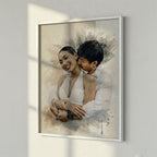 Custom watercolour portrait of a woman printed as a fine art poster in a white timber frame, styled on a textured wall by Ausome Love Studio.