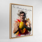 Custom AFL football player watercolour portrait in natural wood frame — personalised sports wall art canvas made from your own photo.