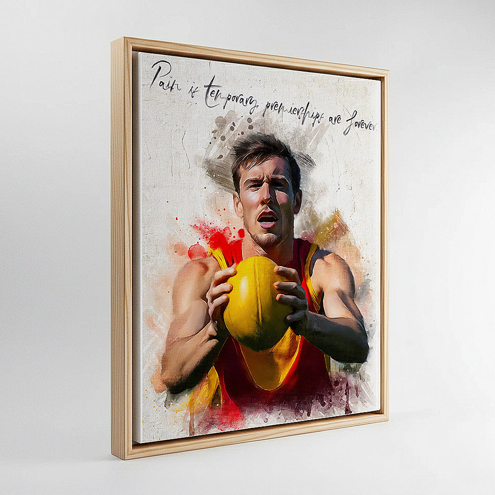 Custom AFL football player watercolour portrait in natural wood frame — personalised sports wall art canvas made from your own photo.