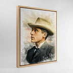 Custom photo restoration portrait of Banjo Paterson, digitally crafted and printed on canvas in a dark wood floating frame by Ausome Love Studio.