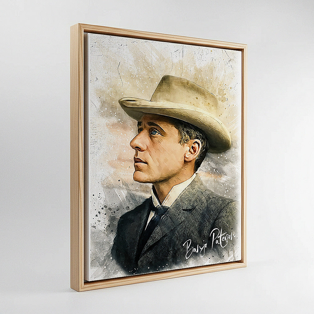 Custom photo restoration portrait of Banjo Paterson, digitally crafted and printed on canvas in a dark wood floating frame by Ausome Love Studio.