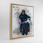 Custom Harley motorcycle watercolour canvas in wood frame — personalised biker wall art ready to hang, made from your own photo.