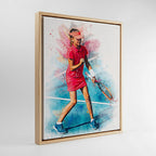 Custom female tennis player watercolour portrait in natural wood frame — personalised sports wall art canvas with vibrant pink outfit and blue splash background.