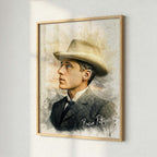 Custom photo restoration portrait of Banjo Paterson, digitally crafted and printed as a fine art poster in a natural wood frame, styled on a textured wall by Ausome Love Studio.