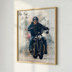 Custom Harley motorcycle watercolour fine art print in wood frame — personalised biker wall art shown with natural window light textures, made from your photo.