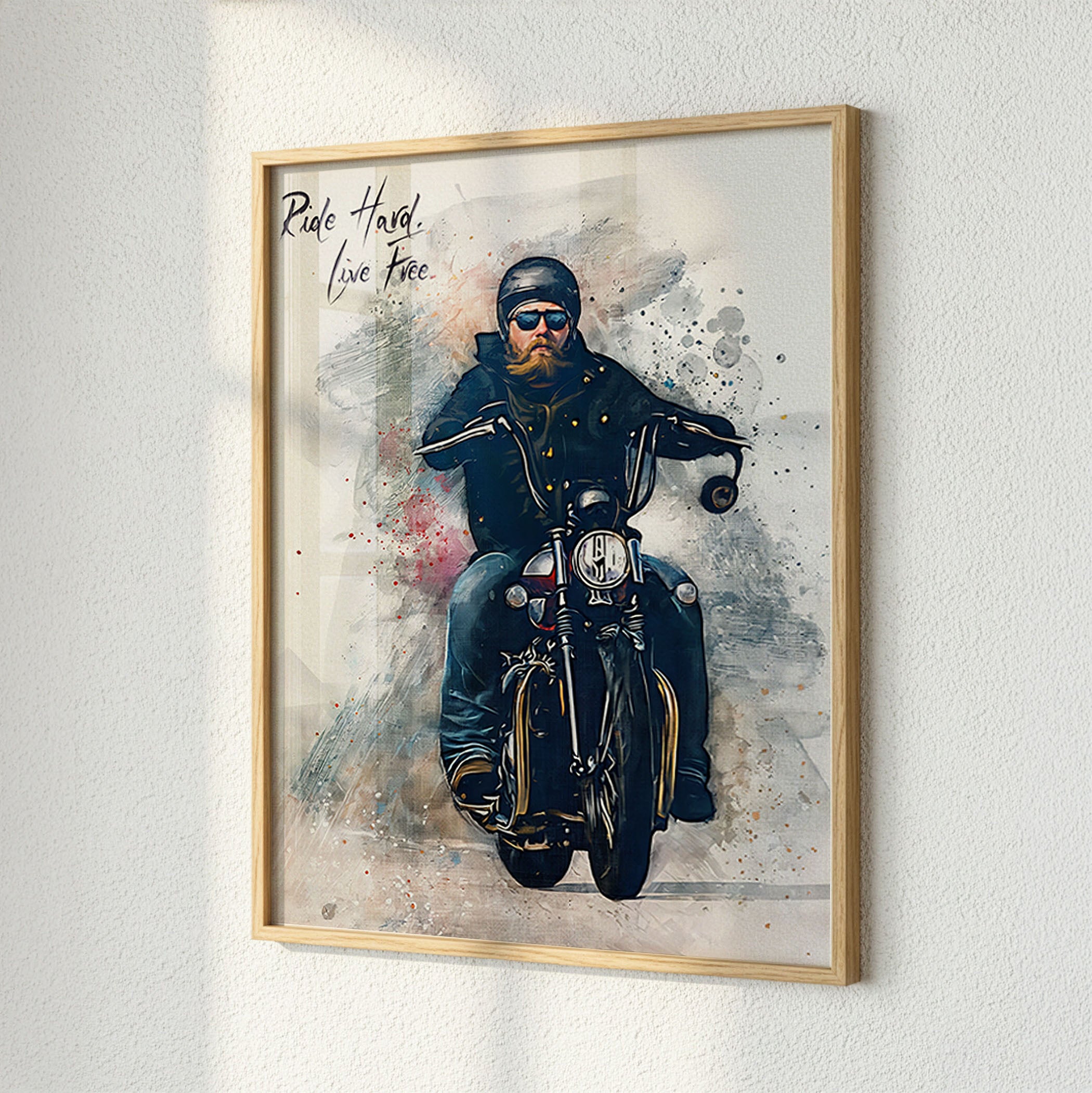 Custom Harley motorcycle watercolour fine art print in wood frame — personalised biker wall art shown with natural window light textures, made from your photo.