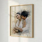 Custom watercolour portrait of a woman printed as a fine art poster in a natural wood frame, styled on a textured wall by Ausome Love Studio.