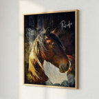 Custom watercolour horse portrait of Pancho printed as a fine art poster in a natural wood frame, styled on a textured wall by Ausome Love Studio.