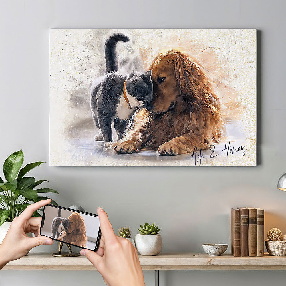 Custom Golden Retriever and cat watercolour portrait on premium canvas — personalised pet wall art titled 'Ash & Honey', made from your photo.