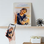 Custom boy with Chihuahua watercolour portrait on premium canvas — personalised pet wall art titled 'Peanut', made from your photo.