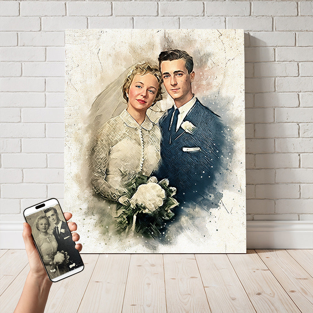Custom wedding anniversary watercolor wall art by Ausome Love Studio, showing a colorized restoration of a vintage bride and groom photo printed on a large canvas, with the original black and white photo displayed on a smartphone.