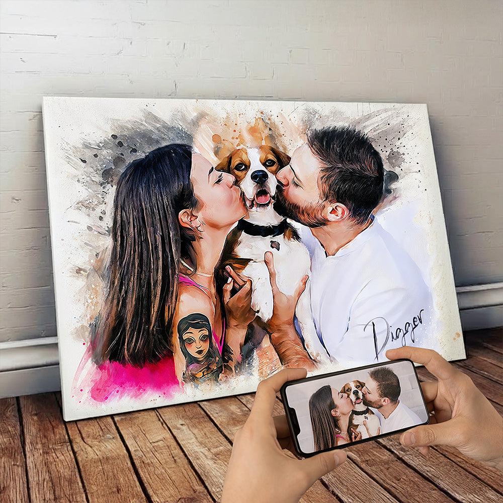 Custom couple kissing beagle watercolour portrait on premium canvas — personalised pet wall art made from your reference photo.