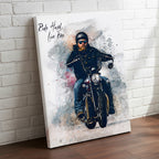 Custom bearded biker on cruiser watercolour canvas portrait — personalised motorcycle wall art with 'Ride Hard, Live Free' calligraphy, displayed on a white brick wall.
