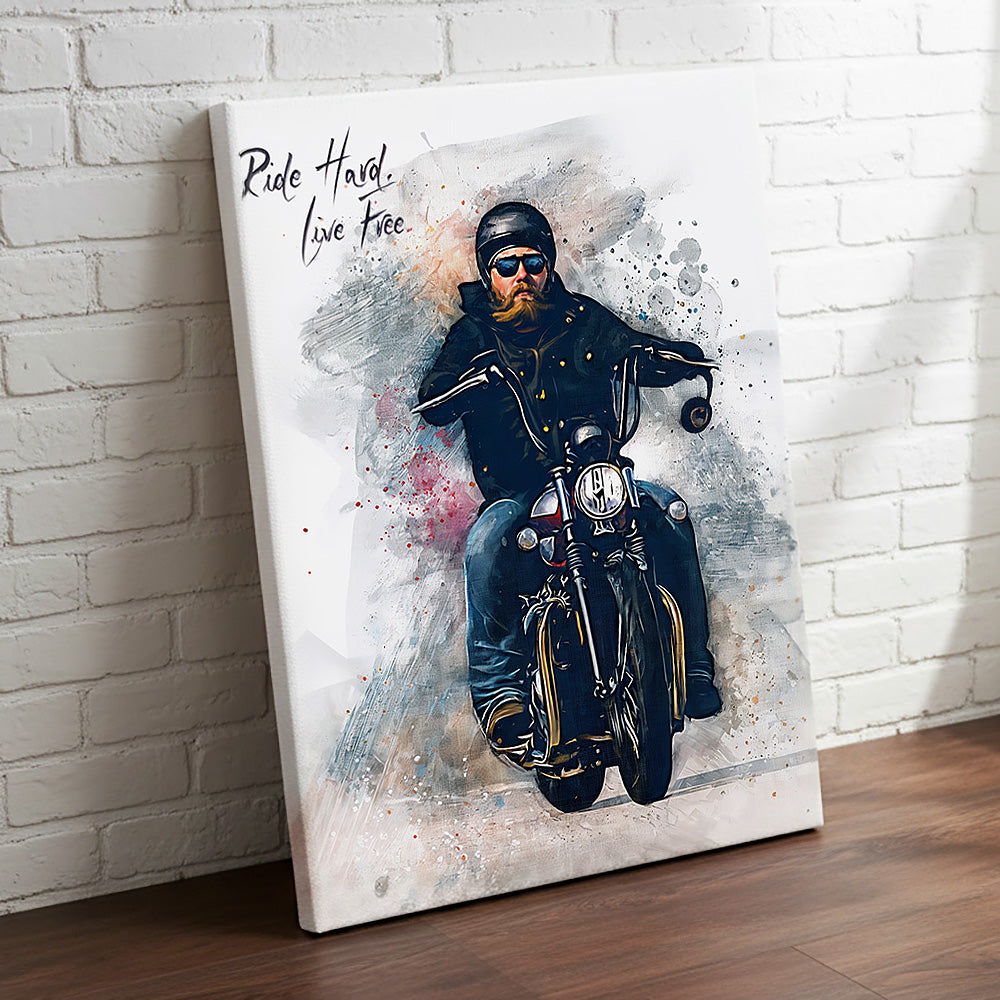Custom bearded biker on cruiser watercolour canvas portrait — personalised motorcycle wall art with 'Ride Hard, Live Free' calligraphy, displayed on a white brick wall.