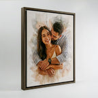 Professional mockup of a dark wood floating frame housing a custom watercolor couple portrait, isolated on a clean white background for Ausome Love Studio.