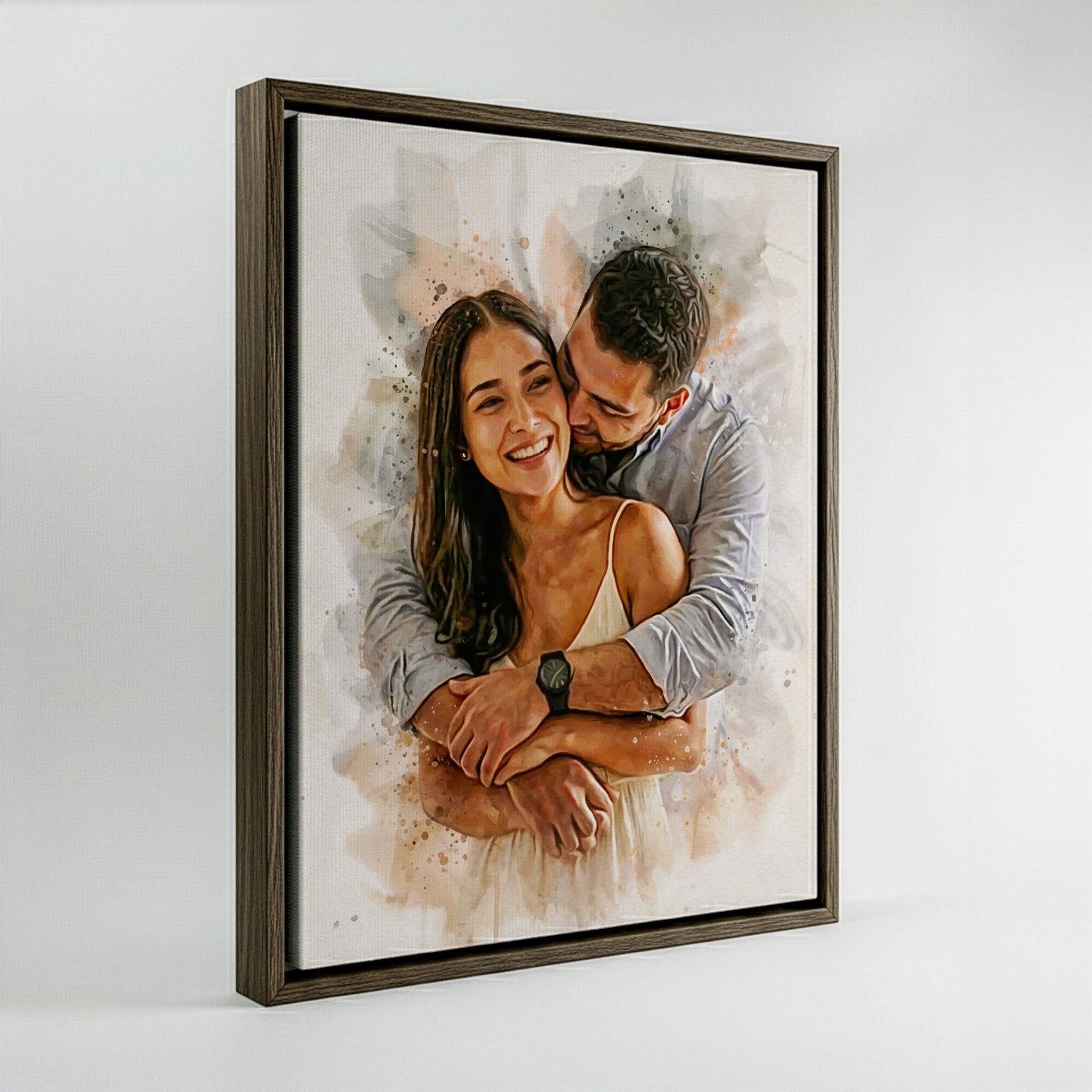 Professional mockup of a dark wood floating frame housing a custom watercolor couple portrait, isolated on a clean white background for Ausome Love Studio.