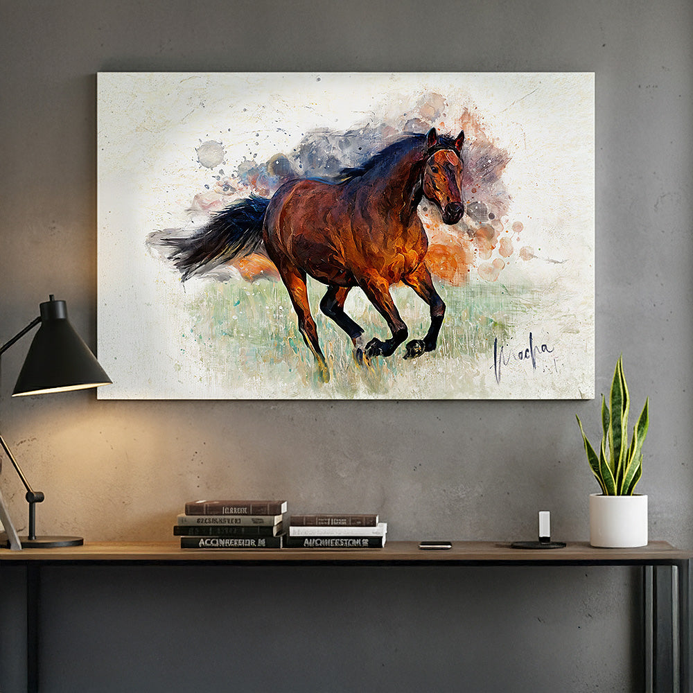 Watercolor effect wall art print of a galloping bay horse with vibrant paint splashes, displayed in a modern office setting by Ausome Love Studio.