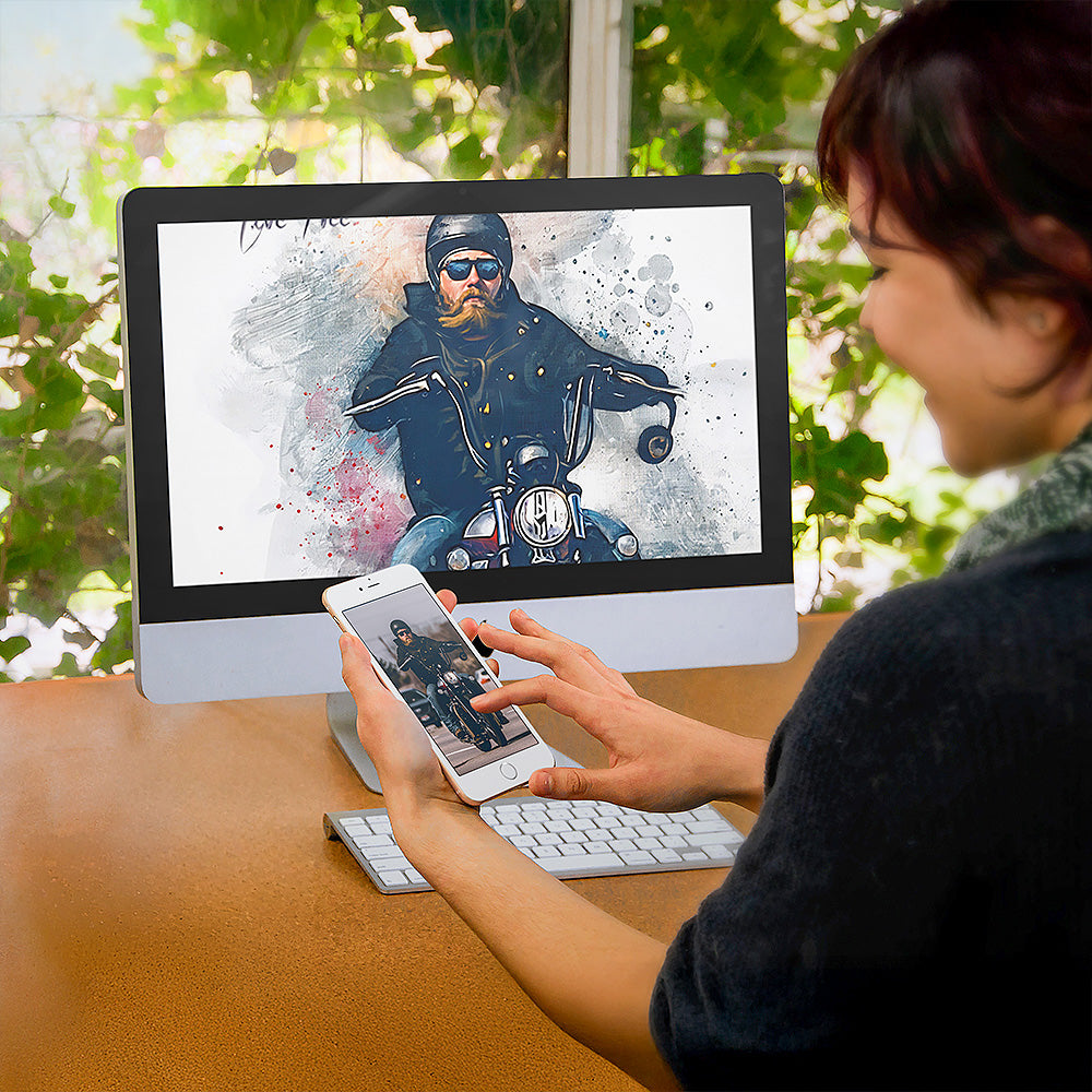 Custom motorcycle watercolour portrait with high-resolution digital download option — see your bike photo transformed into wall art for instant printing.