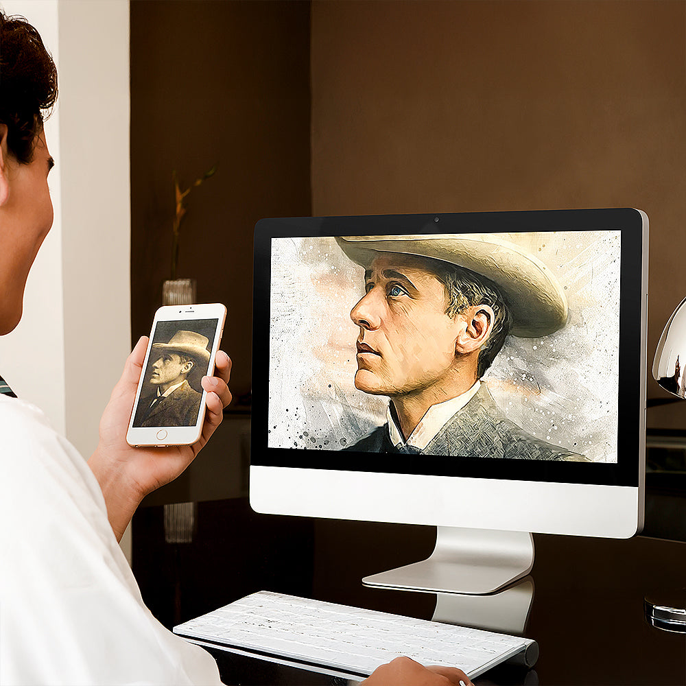 "Person holding a smartphone displaying a custom watercolor portrait from Ausome Love Studio, synced with a high-resolution digital version on a desktop monitor for wall art printing."