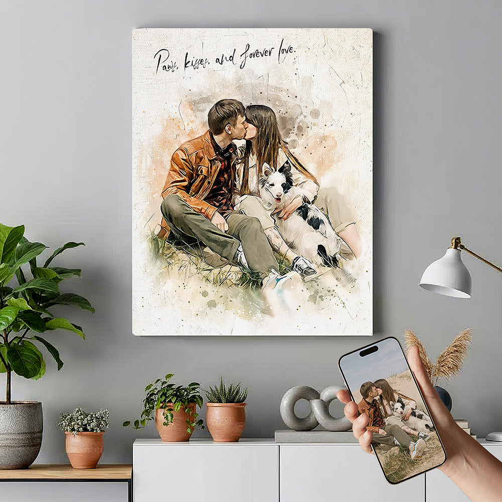 Custom couple with Border Collie watercolour portrait on premium canvas — personalised pet wall art with 'Paws, kisses, and forever love' quote.