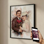 Ausome Love Studio watercolor effect wedding portrait wall art, showing a restored black and white bridal photo transformed into a colorful, framed printed canvas of a bride and groom with roses.