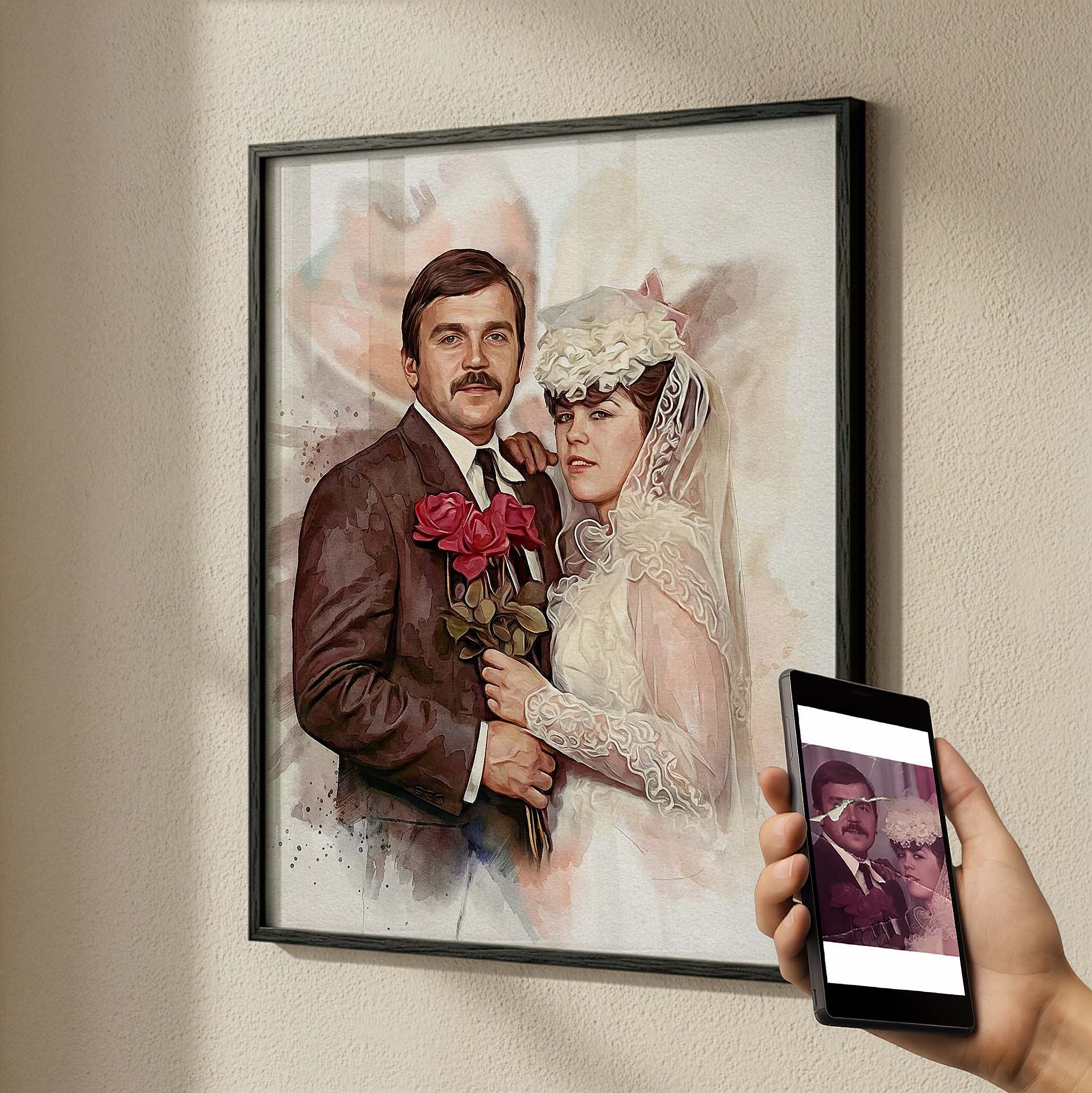 Ausome Love Studio watercolor effect wedding portrait wall art, showing a restored black and white bridal photo transformed into a colorful, framed printed canvas of a bride and groom with roses.