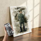 Custom WWI soldier watercolor wall art by Ausome Love Studio, showing a restored vintage military portrait printed on canvas leaning against a wall, with the original photo shown on a smartphone.
