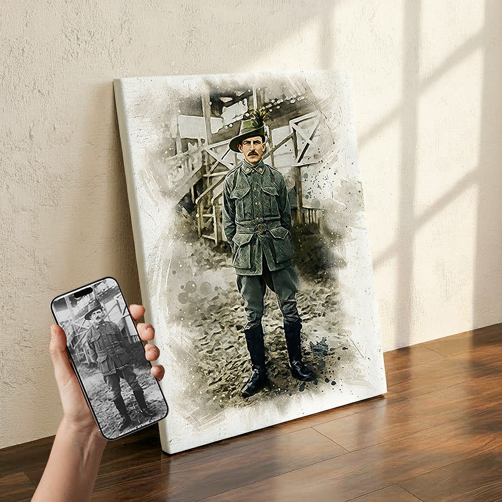Custom WWI soldier watercolor wall art by Ausome Love Studio, showing a restored vintage military portrait printed on canvas leaning against a wall, with the original photo shown on a smartphone.