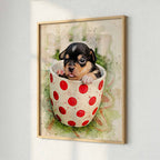 Custom puppy in red polka-dot teacup watercolour portrait on fine art paper — personalised dog wall art in framed poster.