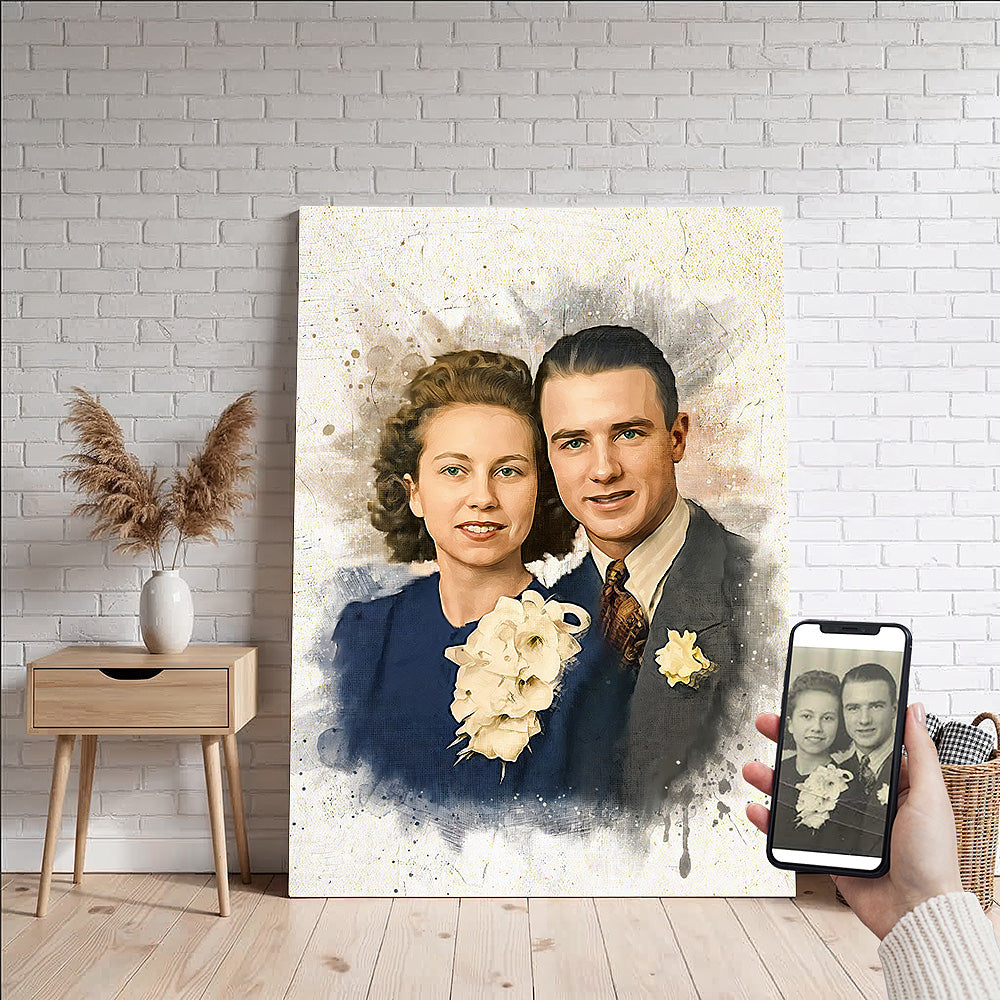 Custom watercolor effect wall art by Ausome Love Studio showing a vintage black and white photo of a couple transformed into a vibrant, printed portrait on a white brick wall.