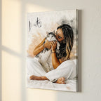 Custom woman with cat watercolour portrait on premium canvas — personalised pet wall art of a woman cuddling her grey and white cat 'Misty'.