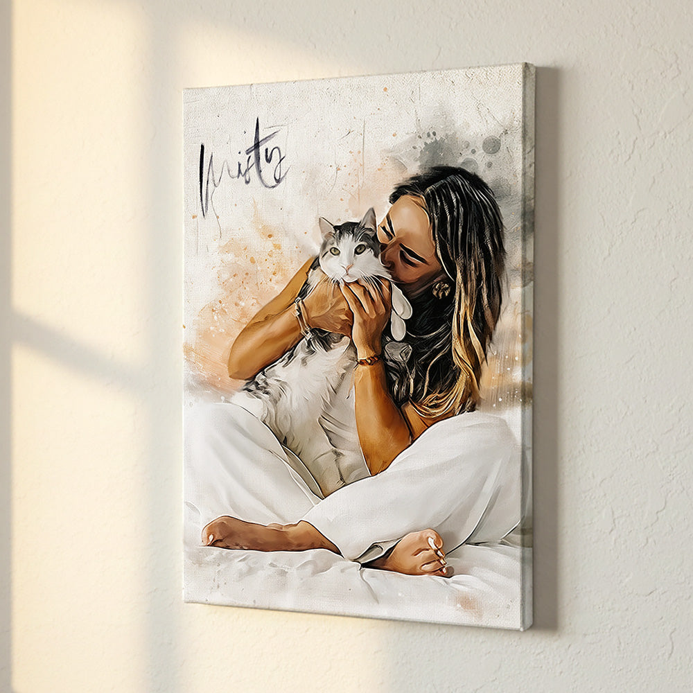 Custom woman with cat watercolour portrait on premium canvas — personalised pet wall art of a woman cuddling her grey and white cat 'Misty'.