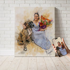Custom woman with Pitbull watercolour portrait on premium canvas — personalised dog wall art featuring a brindle Pitbull 'Pepper' with flower bouquet.