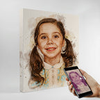 Custom watercolor portrait of a young girl with pigtails by Ausome Love Studio, showing a restored canvas print next to a cracked vintage photo on a smartphone to demonstrate photo-to-art restoration.