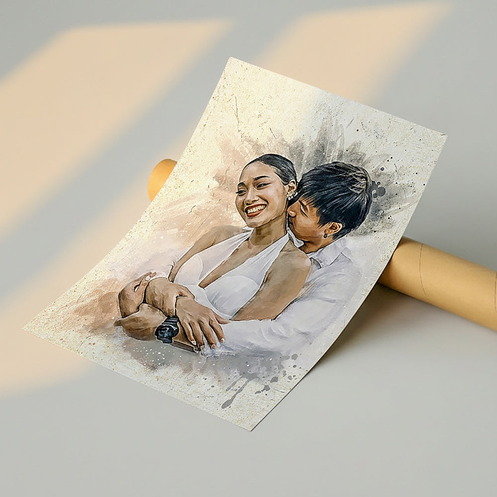 High-quality watercolor paper print of an intimate couple's embrace, showcasing a bride in a white gown and groom in a white shirt, produced by Ausome Love Studio.