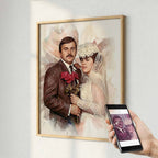 "Custom wedding photo restoration by Ausome Love Studio showing an old, torn photograph transformed into a high-resolution watercolor wall art print of a bride and groom."