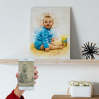 Custom baby portrait watercolor wall art by Ausome Love Studio, showing a colorized restoration of a damaged vintage infant photo printed on canvas and displayed on a shelf.