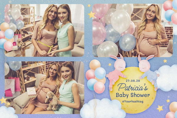 A baby shower themed photo booth template with pastel blue, pink and gold balloons, clouds and bunny illustrations, showing two women posing together in four frames, personalised with the mother-to-be's name, date and hashtag, by Ausome Love Studio