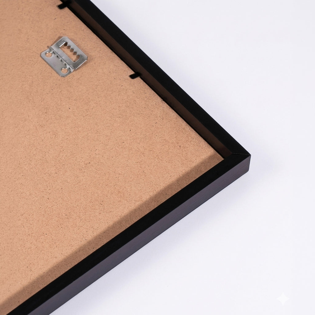 Detailed view of an Ausome Love Studio "Five Senses Secret" poster frame backing, featuring a sturdy fiberboard panel, secure metal flexi-tabs, and a sawtooth hanging hook.