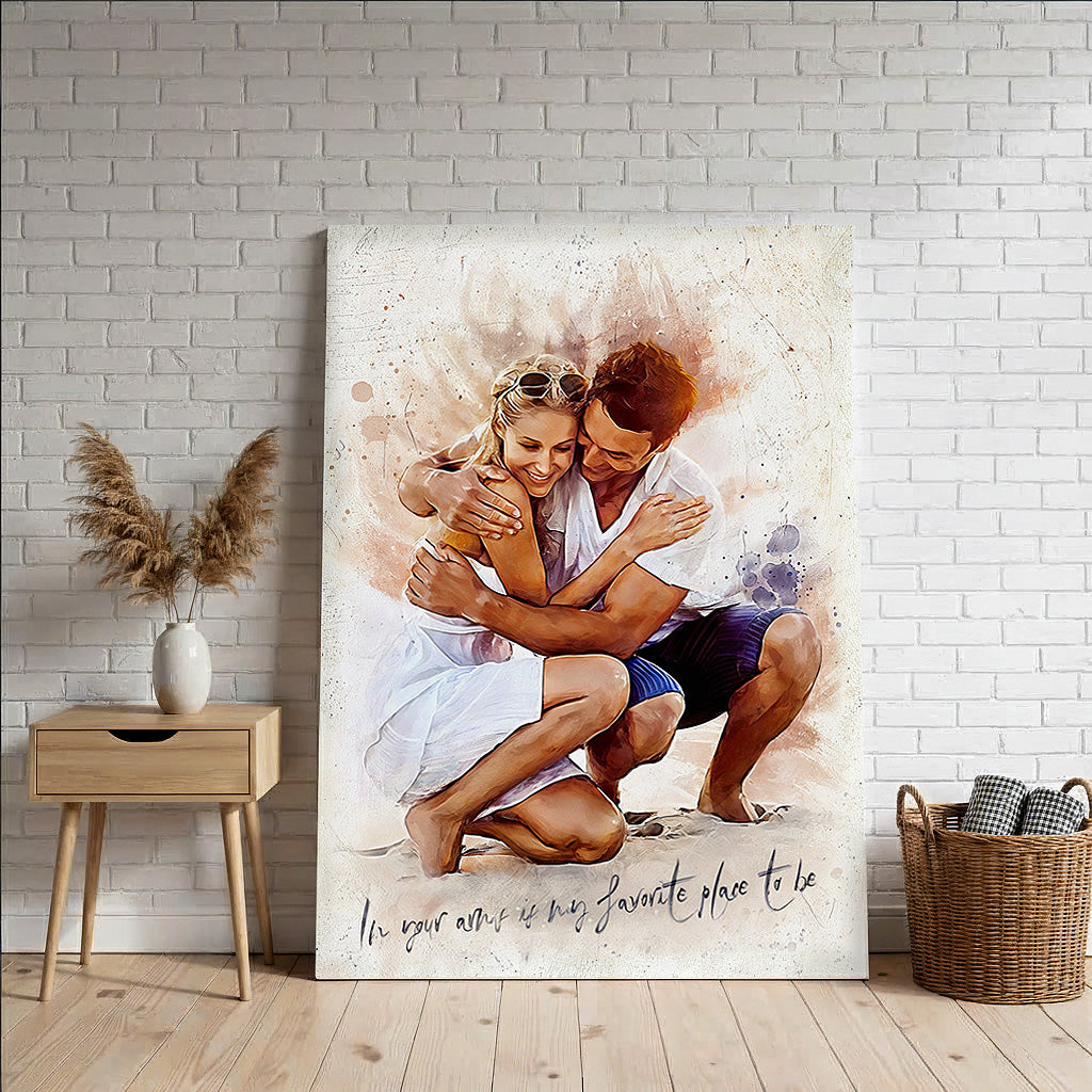 Transform beach vacation photos into custom watercolor art with Ausome Love Studio's personalization service, including hand-lettered quotes and artistic paint splatters.